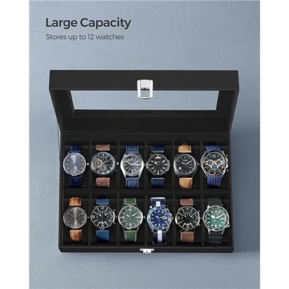 Watch Box 12-Slot Watch Case w Large Glass Lid Removable Watch Pillows Organizer - Picture 3 of 6